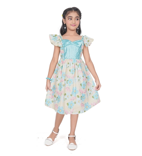 Girl's Popcorn Printed Short Sleeve Squre Neck Dress (Sky Blue)