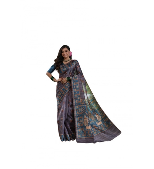 Generic Women's Faux_Tussar_Silk Printed Saree With Unstitched Blouse 5.5Mtr (Grey)