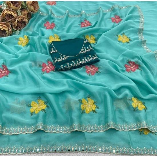 Generic Women's Georgette Embellished Saree With Unstitched Blouse 5.5Mtr (Aqua Blue) Generic Women's Georgette Embellished Saree With Unstitched Blouse 5.5Mtr (Aqua Blue)