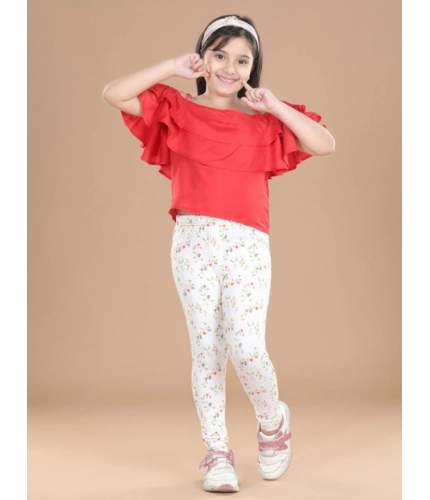 Generic Girl's Cotton Lycra Floral Elasticated Jeggings (White-Green)