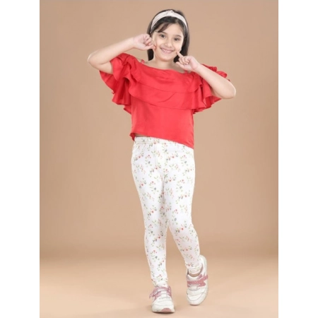 Generic Girl's Cotton Lycra Floral Elasticated Jeggings (White-Green)
