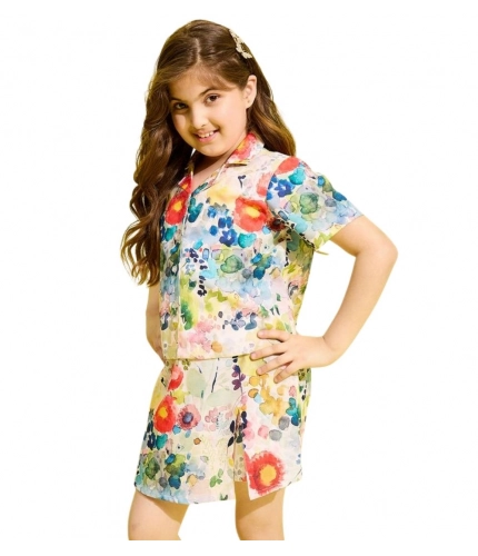 Generic Girl's Polyester Cotton Blend Pattern-Floral Short Sleeves Skorts Set (Multicolor)