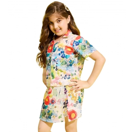 Generic Girl's Polyester Cotton Blend Pattern-Floral Short Sleeves Skorts Set (Multicolor) Generic Girl's Polyester Cotton Blend Pattern-Floral Short Sleeves Skorts Set (Multicolor)