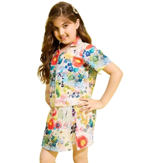 Generic Girl's Polyester Cotton Blend Pattern-Floral Short Sleeves Skorts Set (Multicolor) Generic Girl's Polyester Cotton Blend Pattern-Floral Short Sleeves Skorts Set (Multicolor)