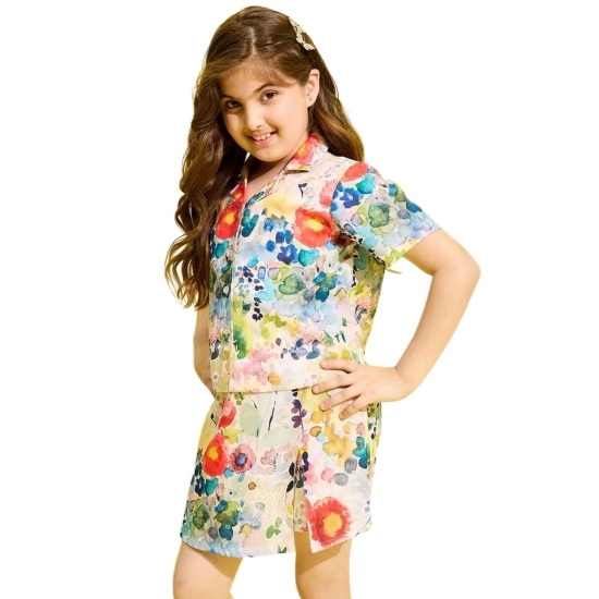 Generic Girl's Polyester Cotton Blend Pattern-Floral Short Sleeves Skorts Set (Multicolor) Generic Girl's Polyester Cotton Blend Pattern-Floral Short Sleeves Skorts Set (Multicolor)