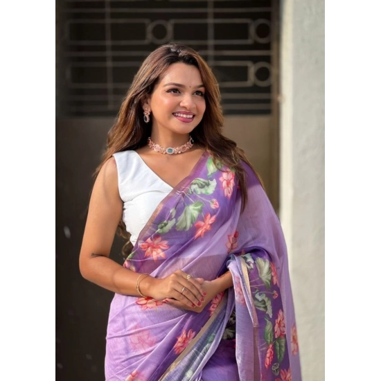 Generic Women's Linen Printed Saree With Unstitched Blouse 5.5Mtr (Purple)