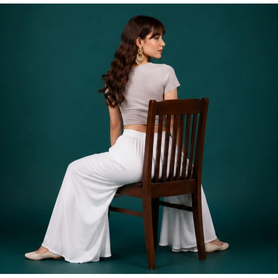 Generic Women's Georgette Solid Mid-Rise Wide Leg Flared Palazzo Pants with Elastic Waist (White) Generic Women's Georgette Solid Mid-Rise Wide Leg Flared Palazzo Pants with Elastic Waist (White)