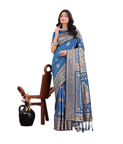 Generic Women's Silk Printed Saree With Unstitched Blouse 5.5Mtr (Sky Blue)