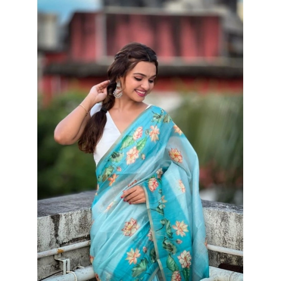 Generic Women's Linen Printed Saree With Unstitched Blouse 5.5Mtr (Aqua)