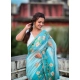 Generic Women's Linen Printed Saree With Unstitched Blouse 5.5Mtr (Aqua)