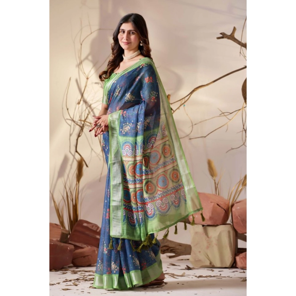 Generic Women's Faux_Linen Printed Saree With Unstitched Blouse 5.5Mtr (Navy_Blue)