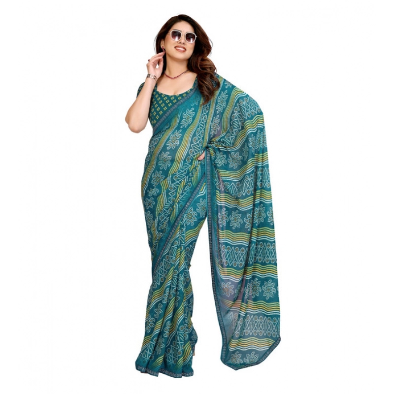 Women's Georgette Printed Saree With Unstitched Blouse 5.5Mtr (Sky Blue)