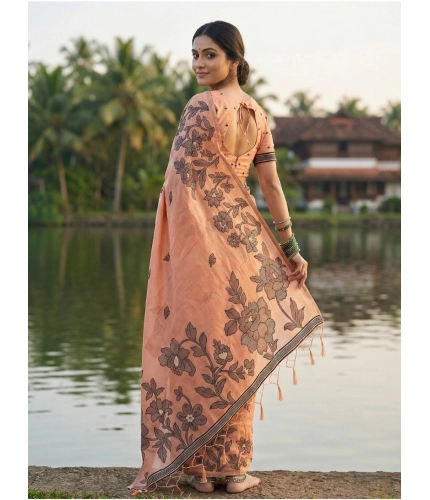 Generic Women's Linen Cotton Printed Saree With Unstitched Blouse 5.5Mtr (Orange)