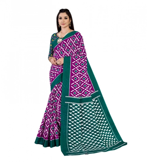 Generic Women's Soft Pure Cotton Printed Saree With Unstitched Blouse 5.5Mtr (Purple)