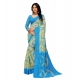 Generic Women's Georgette Striped Printed Saree With Unstitched Blouse 5.5Mtr (Blue-Pale Yellow)