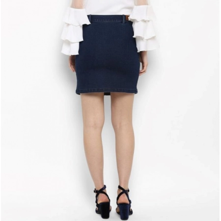 Generic Women's Denim Front Button Buttoned Skirt (Blue)