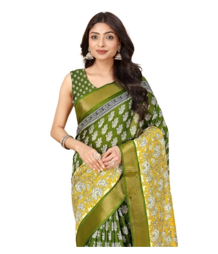 Generic Women's Cotton Blend Printed Saree With Unstitched Blouse 5.5Mtr (Mehandi)