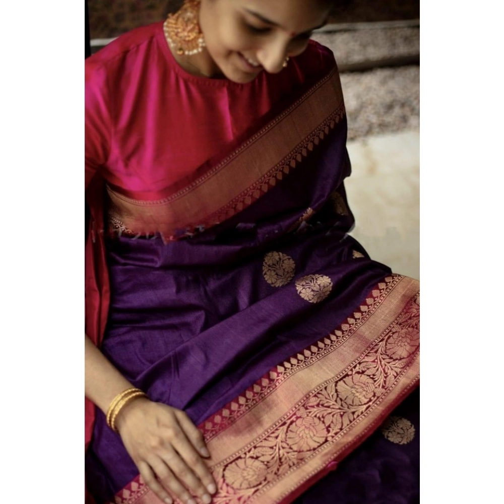 Generic Women's Soft Litchi Silk Jacquard Work Saree With Unstitched Blouse 5.5Mtr (Purple)
