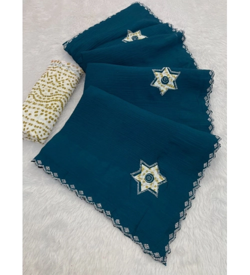 Generic Women's Chiffon Butti Dotted Saree With Unstitched Blouse 5.5Mtr (Blue)