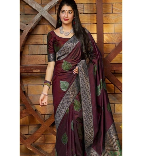 Generic Women's Litchi silk Printed Saree With Unstitched Blouse (Maroon)