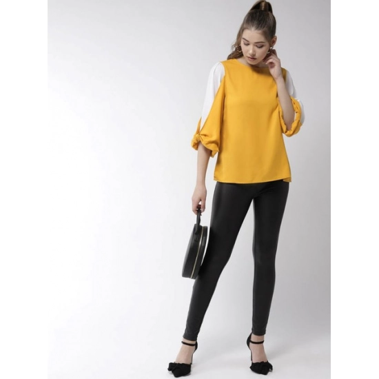 Generic Women's Polyester Colour Block Slit Sleeve Top (Yellow-White) Generic Women's Polyester Colour Block Slit Sleeve Top (Yellow-White)