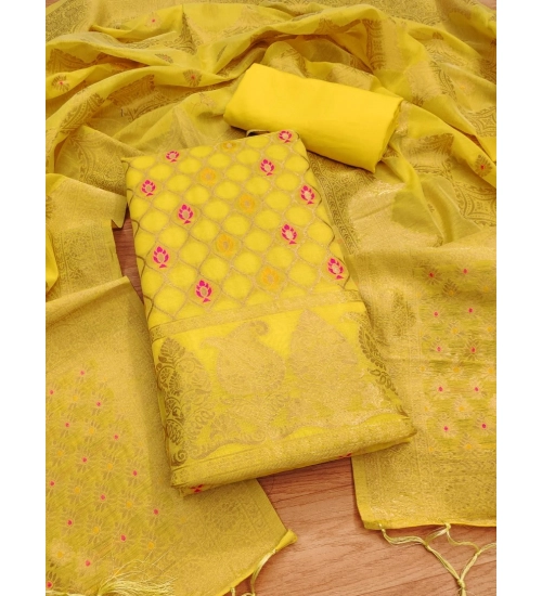 Generic Women's Banarasi Silk Printed Unstitched Salwar Suit Material With Dupatta (Yellow, 3Mtrs)