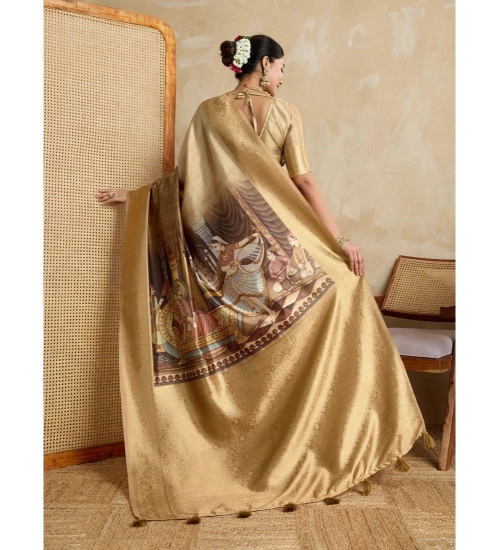 Generic Women's Silk Printed Saree With Unstitched Blouse 5.5Mtr (Gold)
