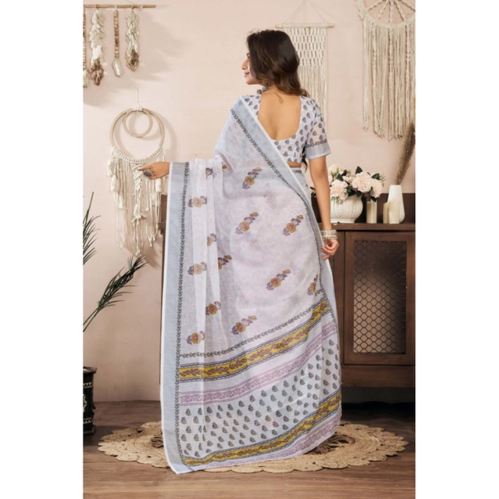 Generic Women's Linen Cotton Printed Ready To Wear Saree With Unstitched Blouse 5.5 Mtr (Off_White)