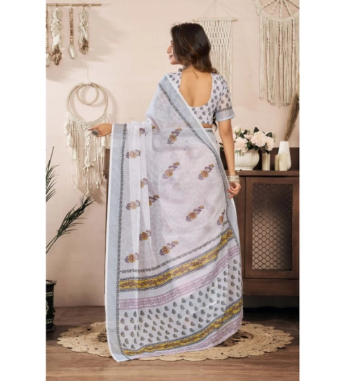 Generic Women's Linen Cotton Printed Ready To Wear Saree With Unstitched Blouse 5.5 Mtr (Off_White)