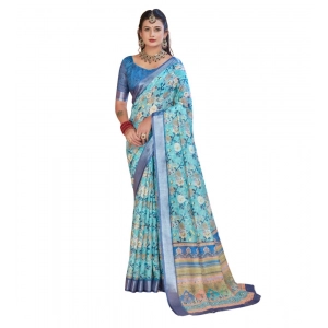 Generic Women's Printed Cotton Linen Saree withPrinted  Saree With Unstitched Blouse (Light Blue, 5-6Mtrs)