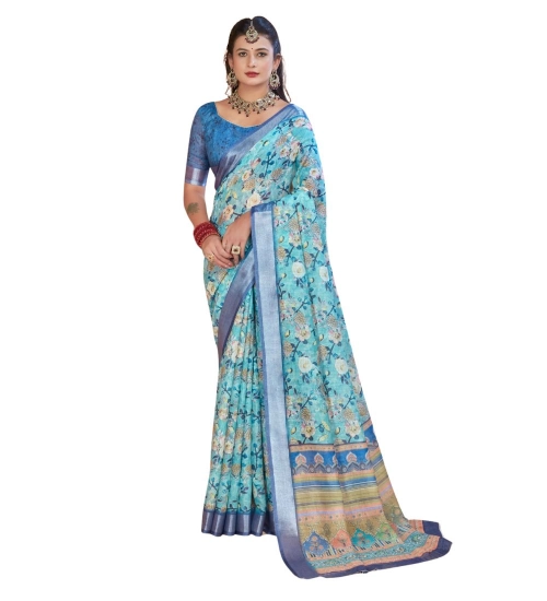Generic Women's Printed Cotton Linen Saree withPrinted  Saree With Unstitched Blouse (Light Blue, 5-6Mtrs)