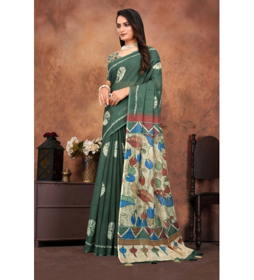 Generic Women's Linen Printed Saree With Unstitched Blouse 5.5Mtr (Dark Green)