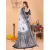 Generic Women's Linen Cotton Printed Saree With Unstitched Blouse 5.5Mtr (White-Black)