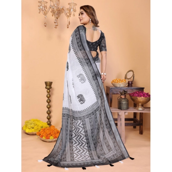 Generic Women's Linen Cotton Printed Saree With Unstitched Blouse 5.5Mtr (White-Black) Generic Women's Linen Cotton Printed Saree With Unstitched Blouse 5.5Mtr (White-Black)