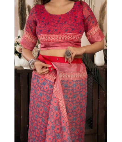Generic Women's Faux Linen Geometric Print Ready to wear Saree With Unstitched Blouse 5.5Mtr (Red)