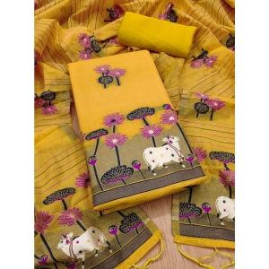 Generic Women's Banarasi Silk Printed Unstitched Salwar Suit Material With Dupatta (Yellow, 3Mtrs)