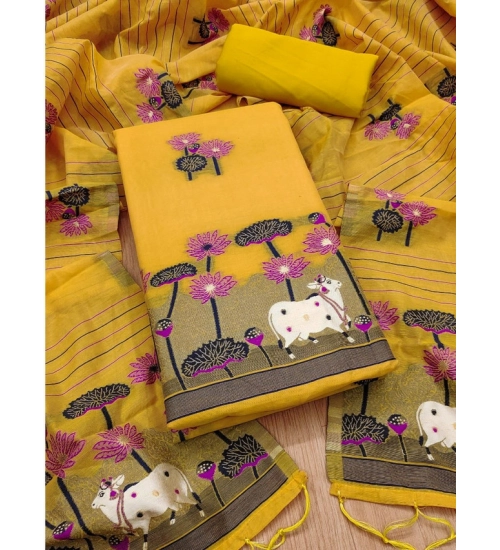 Generic Women's Banarasi Silk Printed Unstitched Salwar Suit Material With Dupatta (Yellow, 3Mtrs)