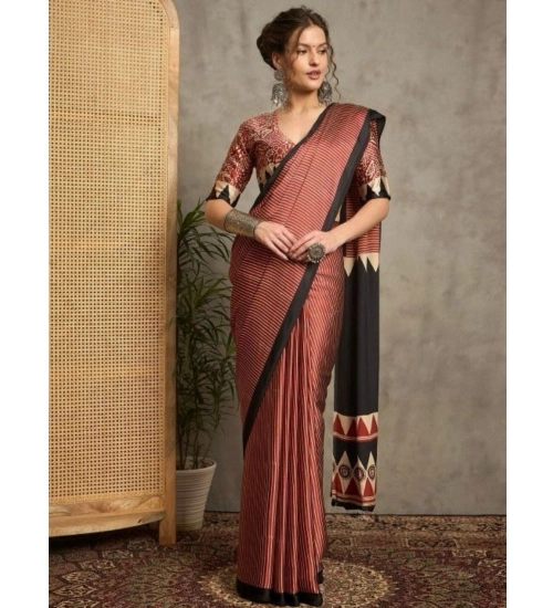 Generic Women's Satin Printed Saree With Unstitched Blouse 5.5Mtr (Black)