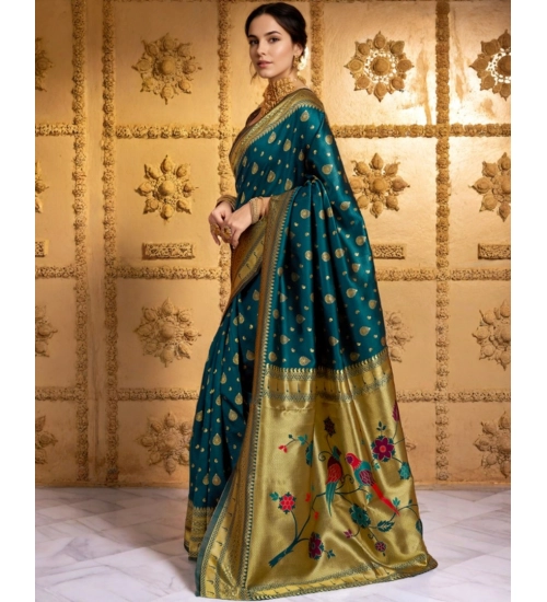 Generic Women's Silk Blend Zari Weaving Saree With Unstitched Blouse 5.5Mtr (Teal)