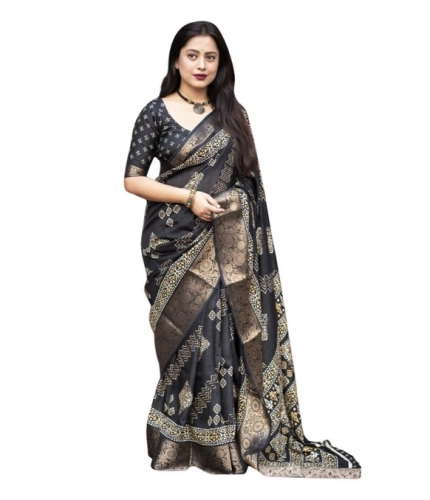 Generic Women's Cotton Silk Printed Saree With Unstitched Blouse 5.5Mtr (Black)