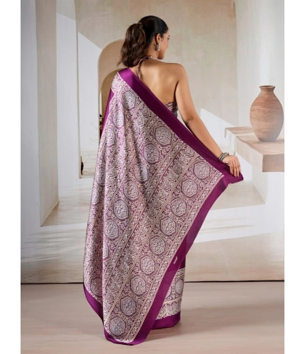 Generic Women's Satin Crepe Printed Saree With Unstitched Blouse 5.5Mtr (Purple)