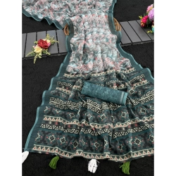 Women's Linen Cotton  Printed Saree With Unstitched Blouse 5.5Mtr (Blue)