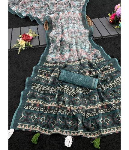 Generic Women's Linen Cotton  Printed Saree With Unstitched Blouse 5.5Mtr (Blue)