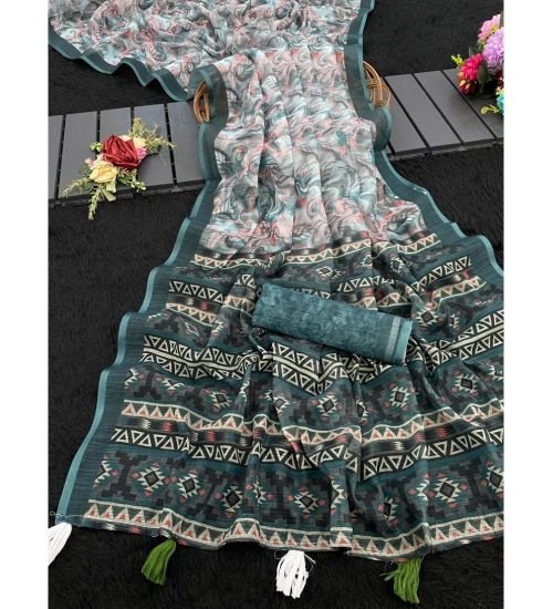 Generic Women's Linen Cotton  Printed Saree With Unstitched Blouse 5.5Mtr (Blue)