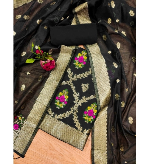Generic Women's Banarasi Silk Printed Unstitched Salwar Suit Material With Dupatta (Black, 3Mtrs)