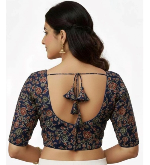 Generic Women's Ajrakh Cotton Round Neck Padded Blouse (Navy, 38 Ready Size (Self-Alterable 36–40)