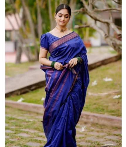 Generic Women's Soft Lichi Silk Printed Saree With Unstitched Blouse 5.5Mtr (Blue)