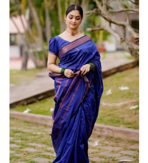 Generic Women's Soft Lichi Silk Printed Saree With Unstitched Blouse 5.5Mtr (Blue)