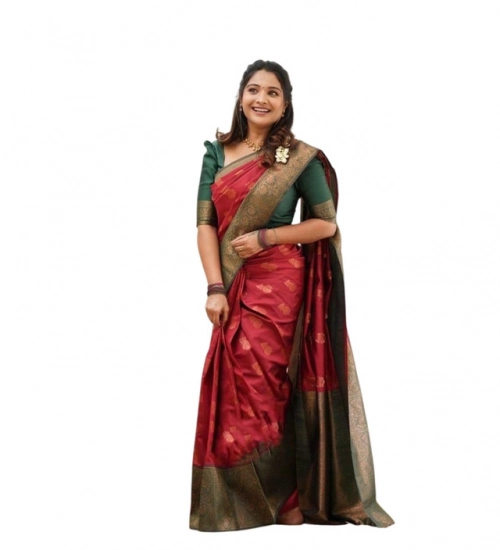 Generic Women's Litchi silk Printed Saree With Unstitched Blouse (Red)