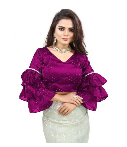Generic Women's Organza Solid V Neck Layered Ruffle Sleeve Readymade Blouse (Magenta Free Size , up to 38–40 Bust)-PID65853
